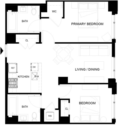 Floor plan for 2 beds, 2 baths, 776 sqft